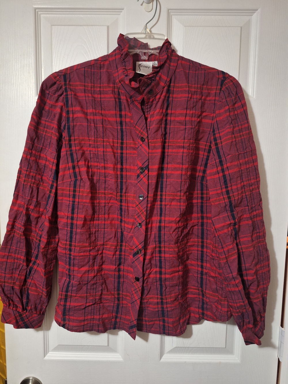 Finley Red Plaid Ruffle-Neck Button Front Blouse Size Large